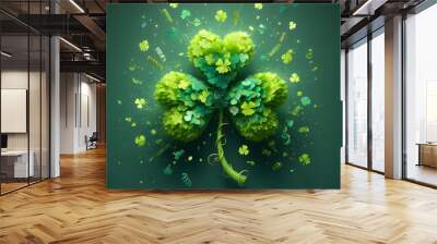 St. Patrick’s Day Shamrock  with gree confetti explosion, isolated on a  Green background, Celebrating Patrick's Day, Clover Wall mural