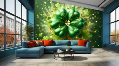 St. Patrick’s Day Shamrock  with gree confetti explosion, isolated on a  Green background, Celebrating Patrick's Day, Clover Wall mural