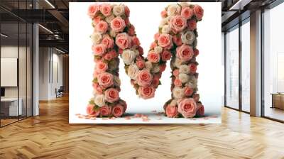 The letter M is made out of rose flowers, the Rose Alphabet, and Valentine Designs, on a White background, isolated on white, photorealistic	 Wall mural