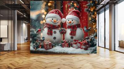 beautiful red door decorated with Christmas wreaths, two snowmen standing in front of the door wearing Santa hats and scarves Wall mural