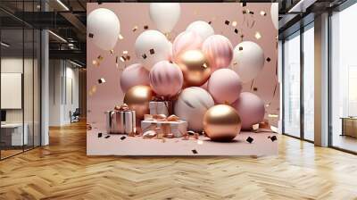 Celebration background with pink white balloons, gifts and confetti Wall mural