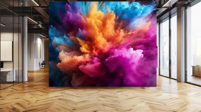 colorful rainbow holi paint color powder explosion isolated on dark black background. peace rgb gaming beautiful party festival concept Wall mural