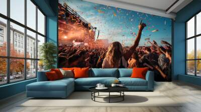 crowd partying stage lights live concert summer music festival Wall mural