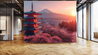 Fujiyoshida, Japan Beautiful view of mountain Fuji and Chureito pagoda at sunset, japan in the spring with cherry blossoms Wall mural