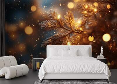 Golden shiny magic Christmas tree branches. Winter holiday fairy garlands illumination and festive details Wall mural