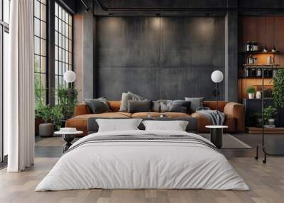 Industrial and loft living room interior with concrete wall, sand brown sofa, modern armchair, simple black coffee table, sand brown, books and personal accessories. Wall mural