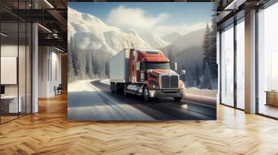 Red big rig commercial semi truck transporting cargo in dry van semi trailer running on the wet turning road with winter forest at snowing weather Wall mural