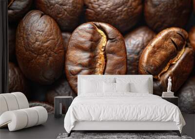 Top view background of aromatic brown coffee beans scattered on surface. Wall mural