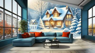 Cozy winter cottage in snowy landscape at night
 Wall mural