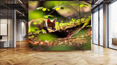 Curious fox cub exploring forest floor
 Wall mural