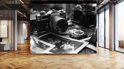 A black and white photo of a camera and a few pictures Wall mural