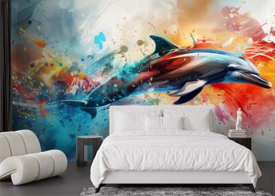 A colorful painting of a dolphin with a blue tail and a white mouth Wall mural