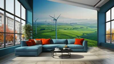 A large field of wind turbines with a clear blue sky in the background Wall mural