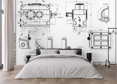 Assembly drawing of reducer. Vector drawing of steel mechanical device with shaft, gear, 
electric engine, bolted connection and dimension lines. Engineering cad scheme. Technical template.  Wall mural