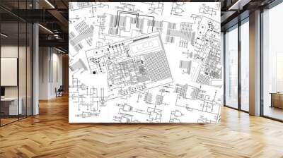 Drawings of an electronic device on white paper sheets. Vector electrical schematic diagram of an digital electronic device. Wall mural