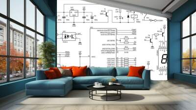 Schematic diagram of electronic device.
Vector drawing electrical circuit with 
led, microcontroller, integrated circuit, button, 
resistor, capacitor, diode, transistor
on background of paper sheet. Wall mural