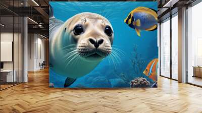 Seal under water at a coral reef
with tropical fish. Sea lion and underwater world of ocean. Algae, corals and sea anemones on seabed. Wall mural