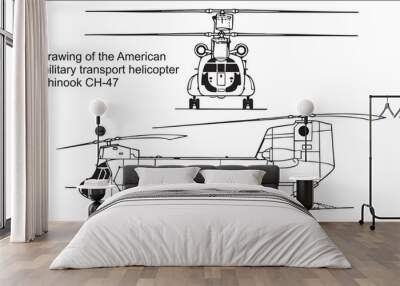 
Vector drawing of the American military transport helicopter  Chinook CH-47. General view. Front, side view. Cad scheme.  Wall mural