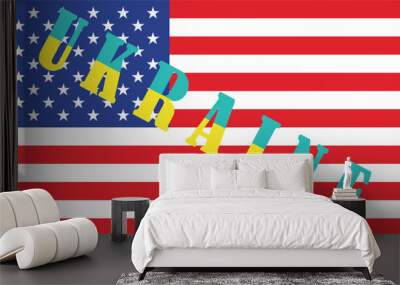 Vector drawing with the inscription 
of the name of the country of ukraine (font with
pattern of yellow blue national ukrainian flag)
on the background of stars and stripes 
of usa flag. Wall mural