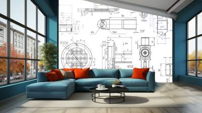 Vector engineering drawing of a steel mechanical parts with through holes.
Industrial cad scheme on white paper sheets. Technology background. Wall mural