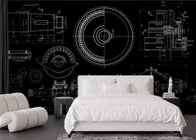 Vector engineering drawing of steel mechanical parts 
with through holes and dimension lines. Industrial 
cad scheme on paper sheet. Technology background. Wall mural