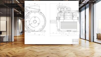 Vector engineering technical drawing of asynchronous
motor. The design of mechanical part
of machine with dimension lines. Cad schematic diagram. 
The general view. Assembly project. Wall mural