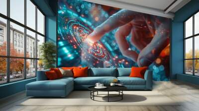 A close-up view of a human hand touching a futuristic digital interface with circular patterns and light elements, suggesting high-tech gadget interaction or virtual reality manipulation Wall mural