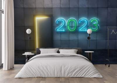 A slightly opened door with yellow light blooming and a neon sign of 2023 next to it, concrete wall background.  Wall mural