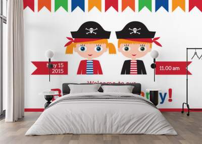 Invitation to the birthday of twins. Pirate birthday. Wall mural