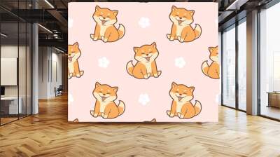 Seamless pattern of cute shiba inu dog and sakura flowers Wall mural