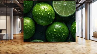 fresh green lime fruit with visible water drops, top view Wall mural