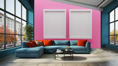 front view of two empty white picture frame on wall, background pink, minimal design concept, 3D render
 Wall mural