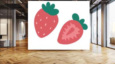 two strawberry illustration full and half slice Wall mural