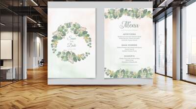 Watercolor vector set wedding invitation card template design with green eucalyptus leaves and flowers. Wall mural