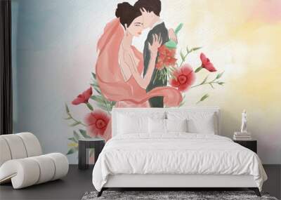 watercolor wedding illustration, romantic couple, bride and groom, husband and wife, man and woman, just married Wall mural