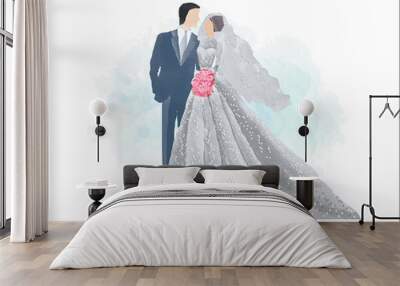 watercolor wedding illustration, romantic couple, bride and groom, husband and wife, man and woman, just married Wall mural