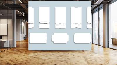 Blank tickets set. Realistic white mockup ticket for concert, boarding, lottery, movie and coupon. Wall mural