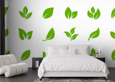 Set of green leaf icons. Leaves of trees and plants. Leaves icon. Collection green leaf. Elements design for natural, eco, bio, vegan labels. Vector illustration. Wall mural