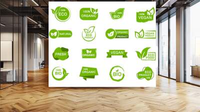 Set of organic, eco, vegan, bio food labels. Collection logos for healthy food. Green emblems for promotion natural products. Vector illustration. Wall mural