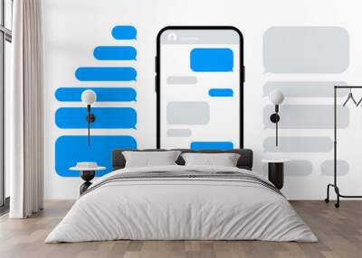 smart phone with chatting. smartphone with blue message bubbles. speech bubbles for chat. text sms t Wall mural