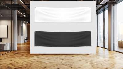 White and black textile banner on the ropes. Blank realistic stretched banner with folds. Mockup hanging banner for promotion, marketing and advertising. Vector illustration. Wall mural