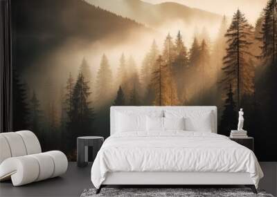 image of pine forest in the fog on the forest, in the style of mountainous vistas, light bronze and green Wall mural