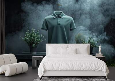 mock up front and back view of plain t-shirt product, black background with light smoke Wall mural