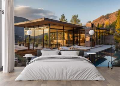 Modern exterior of a luxury villa in a minimal style. Glass house in the mountains. Magnificent mountain views from the veranda of a modern villa. Luxury glamping Wall mural