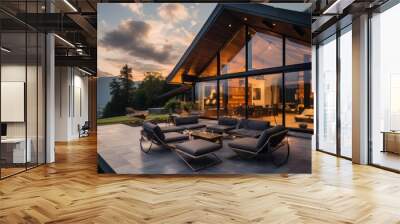 Modern exterior of a luxury villa in a minimal style. Glass house in the mountains. Magnificent mountain views from the veranda of a modern villa. Luxury glamping Wall mural