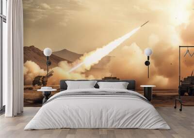 panoramic view of a generic military battalion defense system shooting missiles during a special operation, wide poster design with copy space area Wall mural