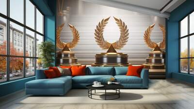 Winner award podium prize silver gold trophy win champion pedestal first stage bronze sport. Podium background winner 3d award ceremony medal platform laurel best place second third design light event Wall mural