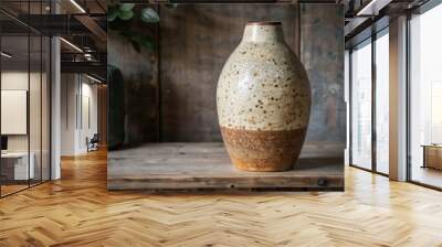 A ceramic vase with a speckled design on a wooden shelf. Wall mural