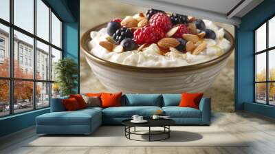 Bowl with tasty yogurt and fresh berries on table Wall mural