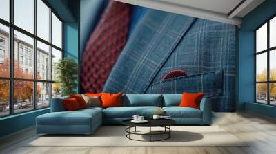 Close up of elegant blue suit and red tie Wall mural